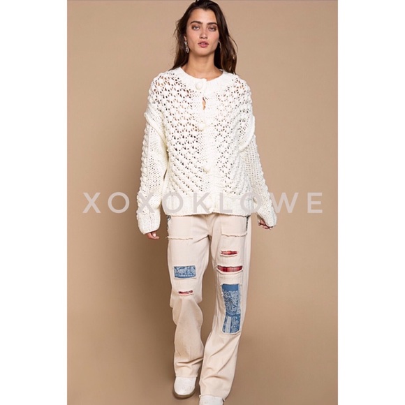 POL Crochet Button Up Cardigan with Chest Patch Pockets